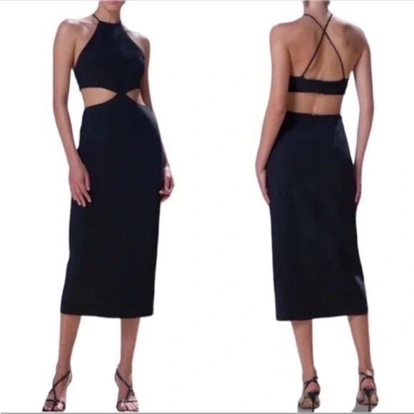 Misha Navy Blue Betty Halter Bodycon Midi Dress sz 2 Minimalist Wedding Guest - Picture 1 of 7